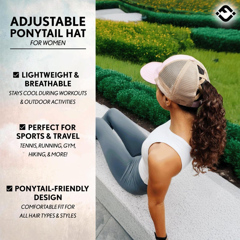 Funky Junque Women's Distressed Trucker Hat with Ponytail Hole, Ponytail Baseball Hat Camo, Messy Bun Ball Cap - Beige Mesh - Black Camo (Distressed) - Image 4